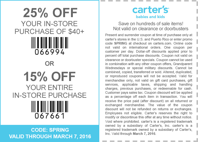 Carters Coupon April 2024 15-25% off at Carters, or online via promo code SPRING