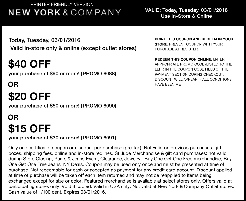 New York & Company Coupon April 2024 $15 off $30 & more today at New York & Company, or online via promo code 6091