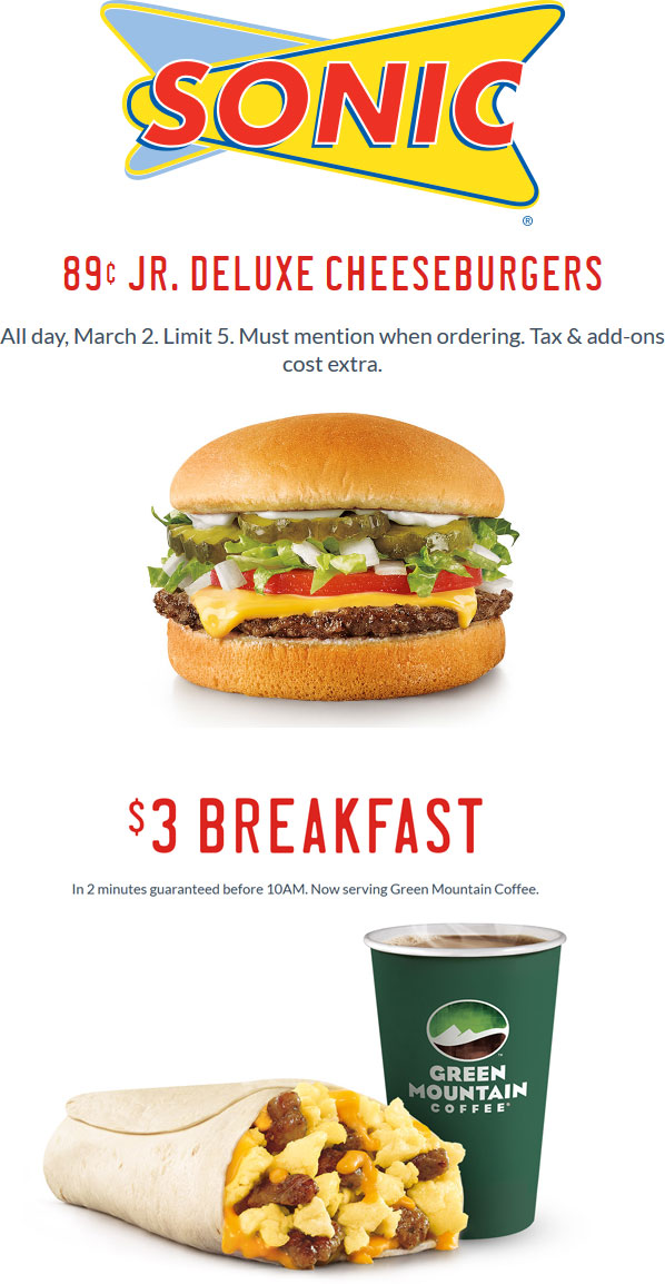 Sonic Drive-In Coupon April 2024 .89 cent jr. deluxe cheeseburgers & more Wednesday at Sonic Drive-In