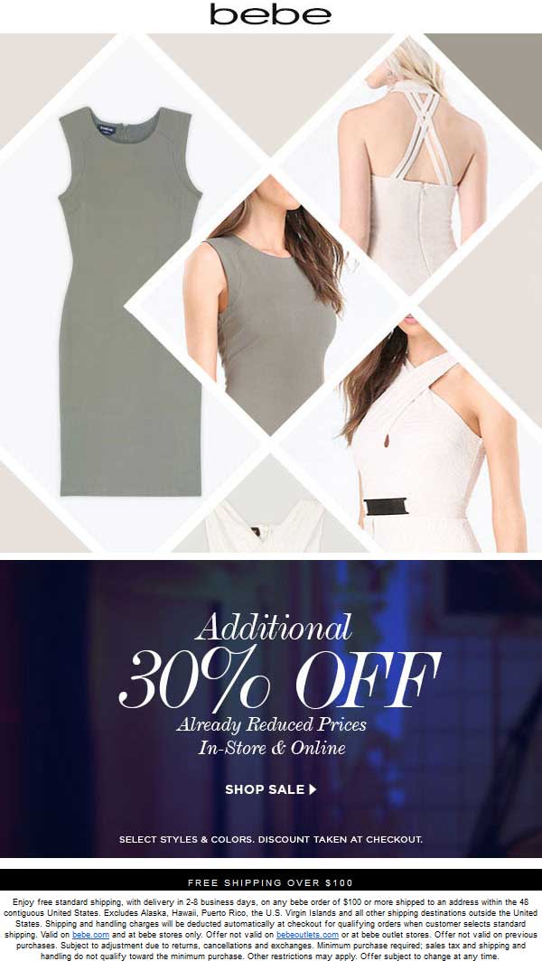 Bebe Coupon April 2024 Extra 30% off sale items at bebe, ditto online