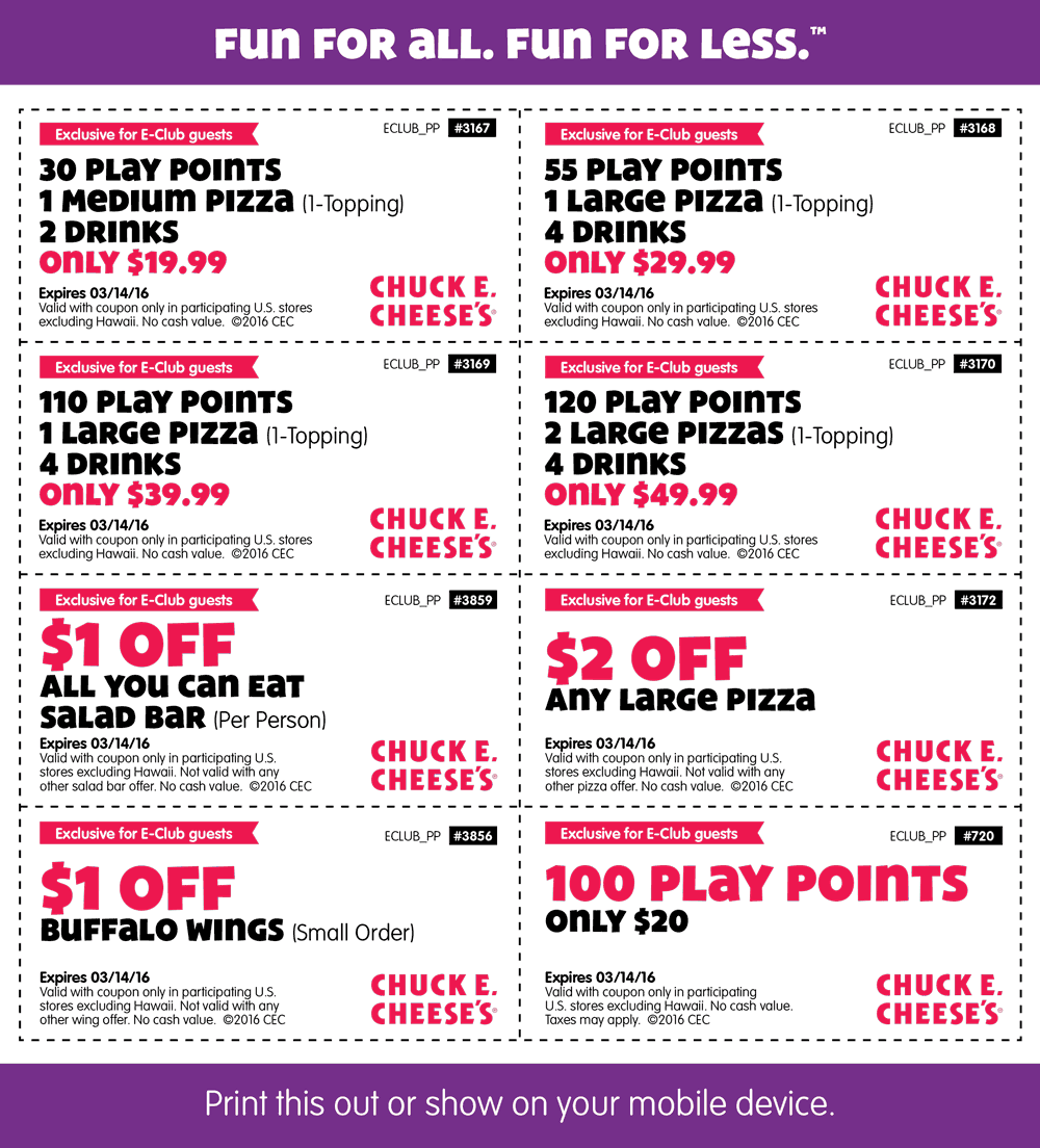 Chuck E. Cheese Coupon March 2024 30 games + pizza + 2 drinks = $20 & more at Chuck E. Cheese
