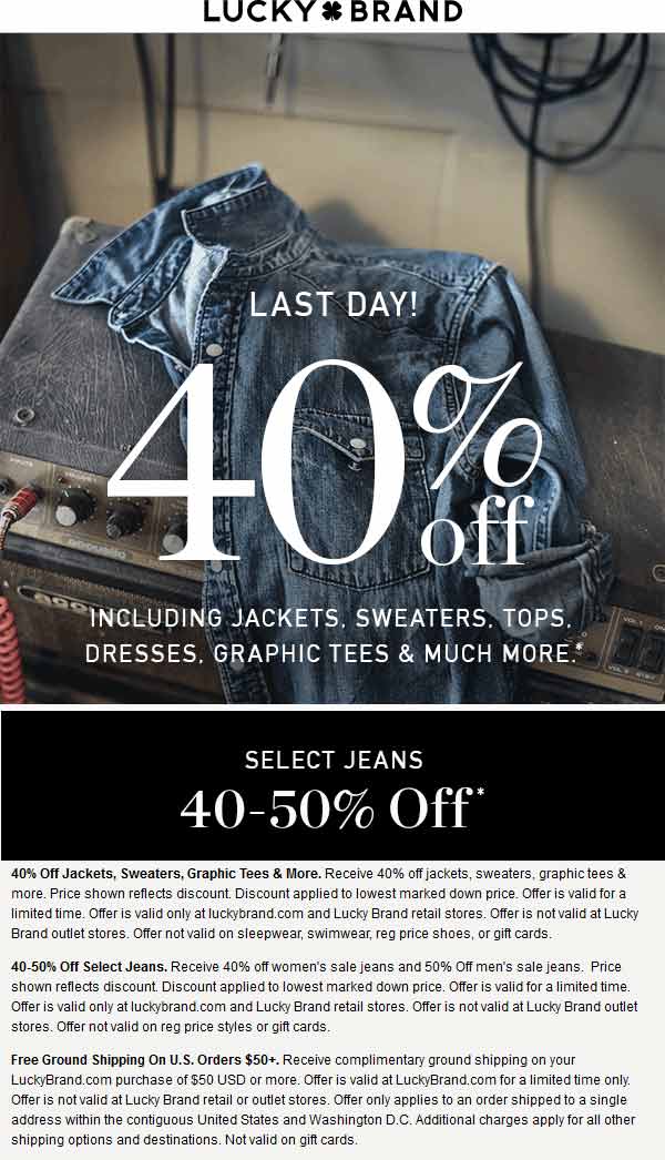 Lucky Brand Coupon March 2024 40% off tops & more today at Lucky Brand, ditto online