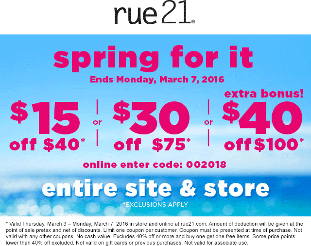 Rue21 Coupon April 2024 $15 off $40 & more at rue21, or online via promo code 002018