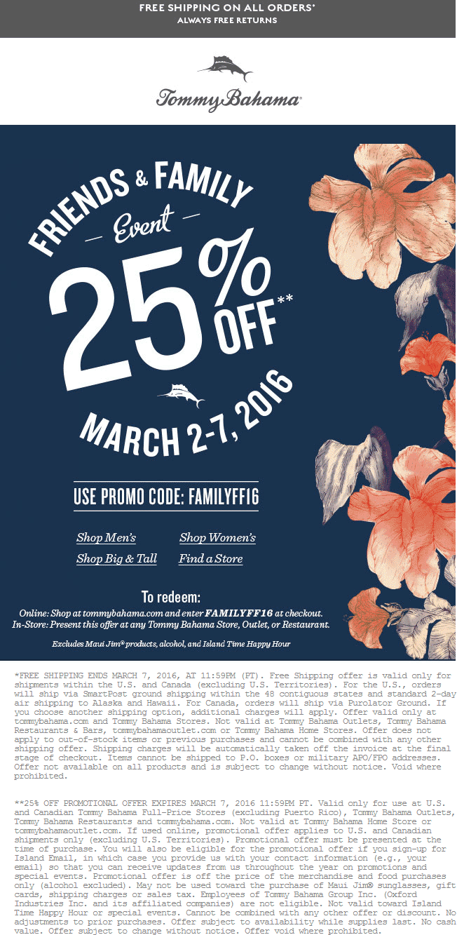 Tommy Bahama Coupon April 2024 25% off at Tommy Bahama, or online via promo code FAMILYFF16