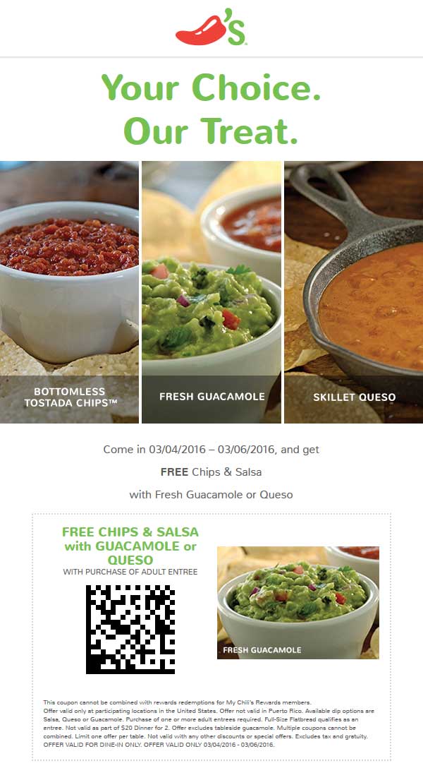 Chilis Coupon March 2024 Free guacamole, queso or chips & salsa with your entree at Chilis