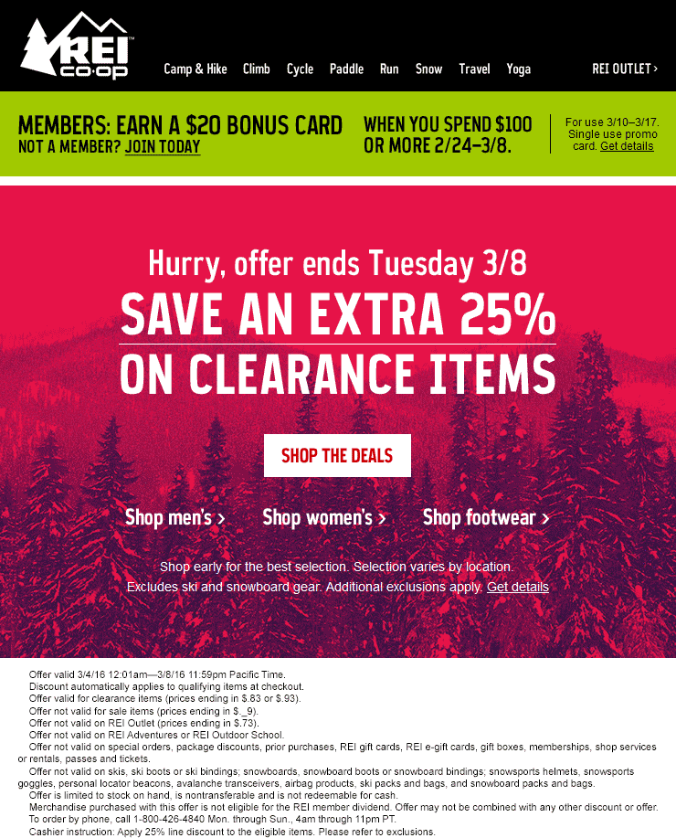 REI Coupon April 2024 Extra 25% off clearance at REI, ditto online
