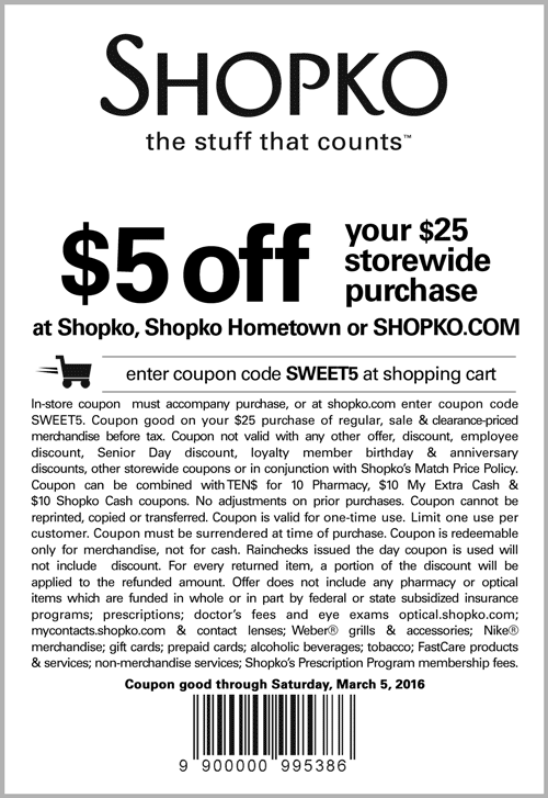 Shopko Coupon April 2024 $5 off $25 at Shopko, or online via promo code SWEET5