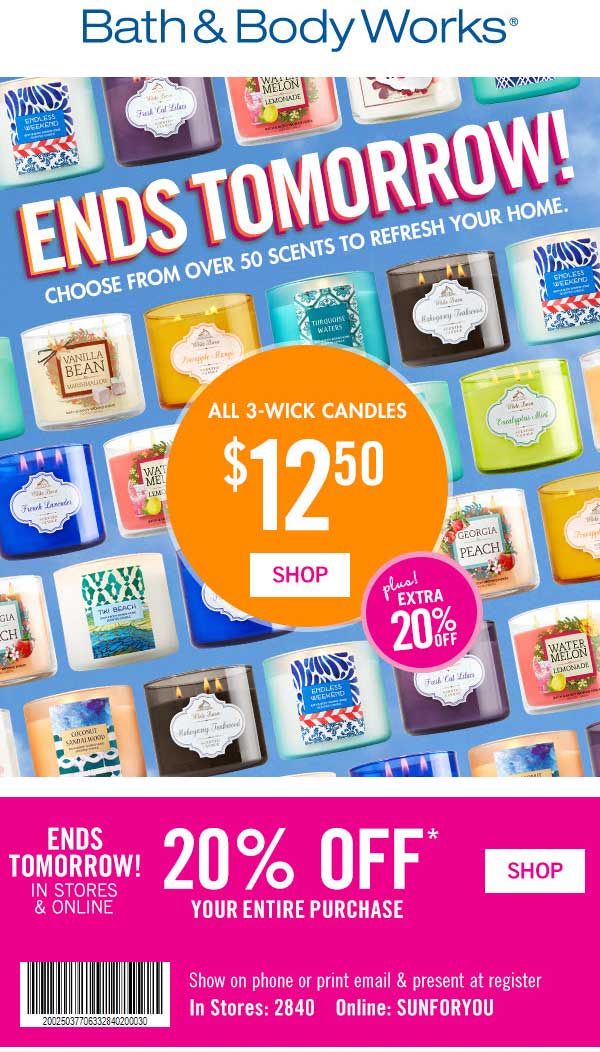 Bath & Body Works Coupon March 2024 Extra 20% off everything at Bath & Body Works, or online via promo code SUNFORYOU