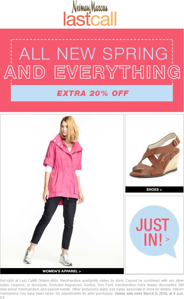 Last Call Coupon March 2024 20% off everything at Neiman Marcus Last Call, ditto online