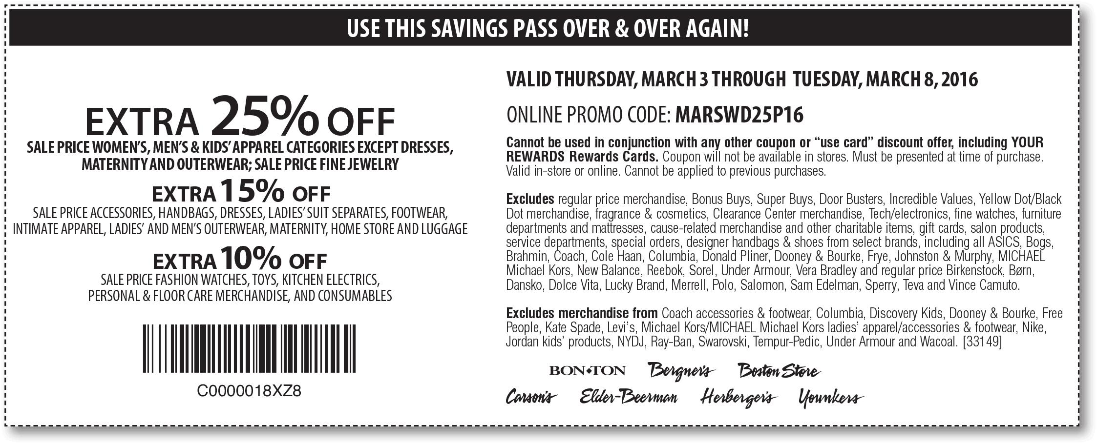 Carsons Coupon April 2024 Extra 25% off sale apparel at Bon Ton, Carsons, Boston Store, Elder-Beerman, or online via promo code MARSWD25P16