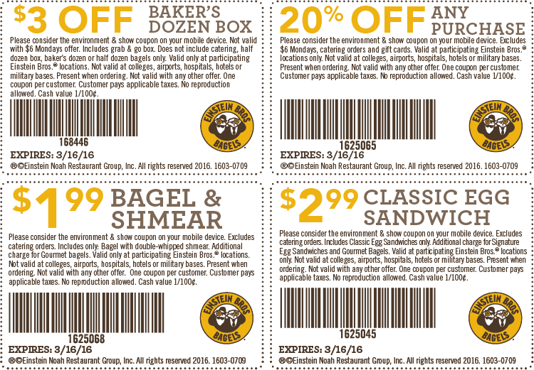 Einstein Bros Bagels Coupon April 2024 $2 bagel, 20% off the tab & more at Einstein Bros Bagels