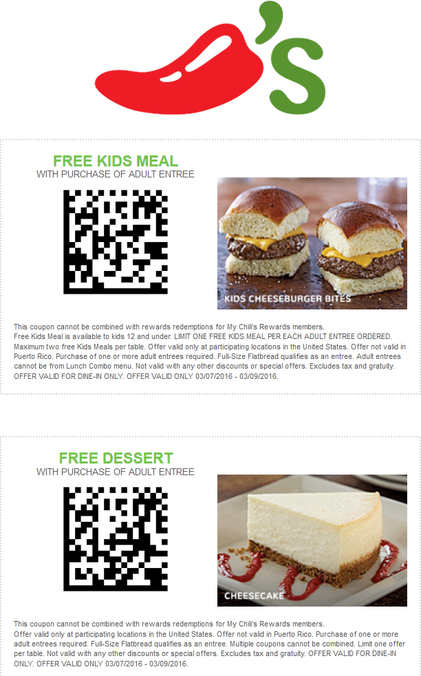 Chilis Coupon April 2024 Free kids meal or dessert with your entree at Chilis