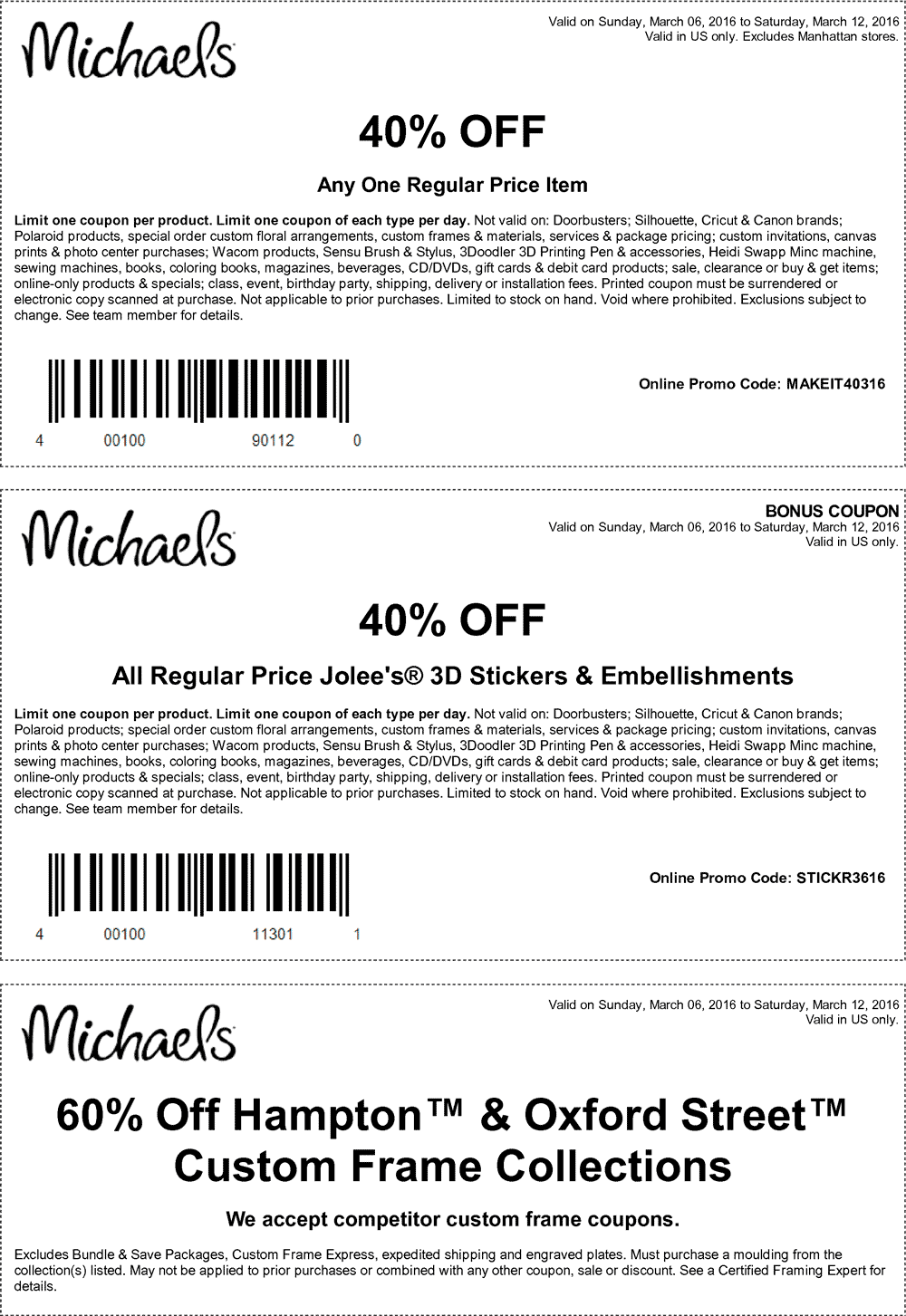 Michaels Coupon March 2024 40% off a single item at Michaels, or online via promo code MAKEIT40316