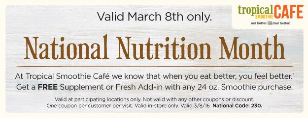 Tropical Smoothie Cafe Coupon April 2024 Free supplement or add-in with your smoothie Tuesday at Tropical Smoothie Cafe