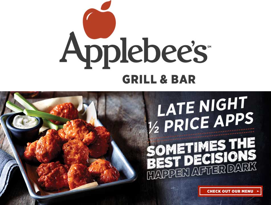 Applebees Coupon March 2024 Appetizers are 50% off after 9pm at Applebees