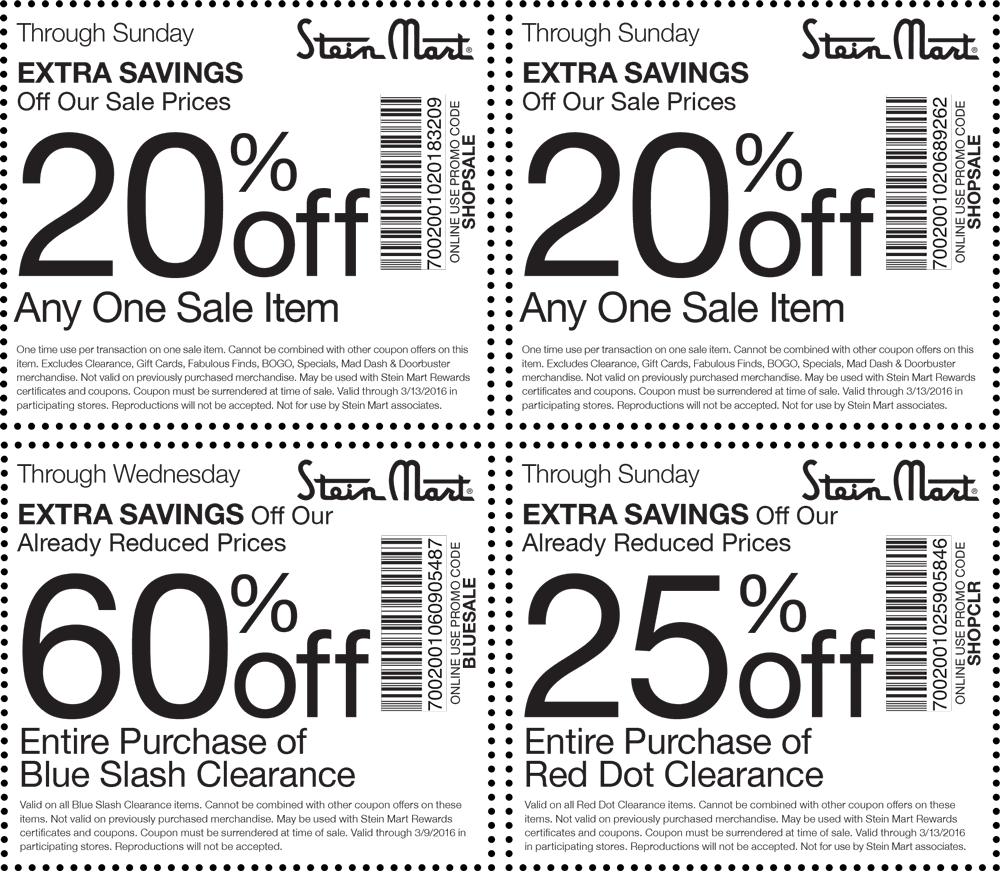 Stein Mart Coupon April 2024 Extra 20% off a sale item, 60% off clearance & more at Stein Mart, or online via promo code SHOPSALE