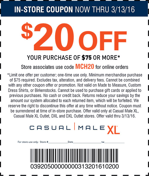 Casual Male XL Coupon March 2024 $20 off $75 at Casual Male XL, or online via promo code MCH20