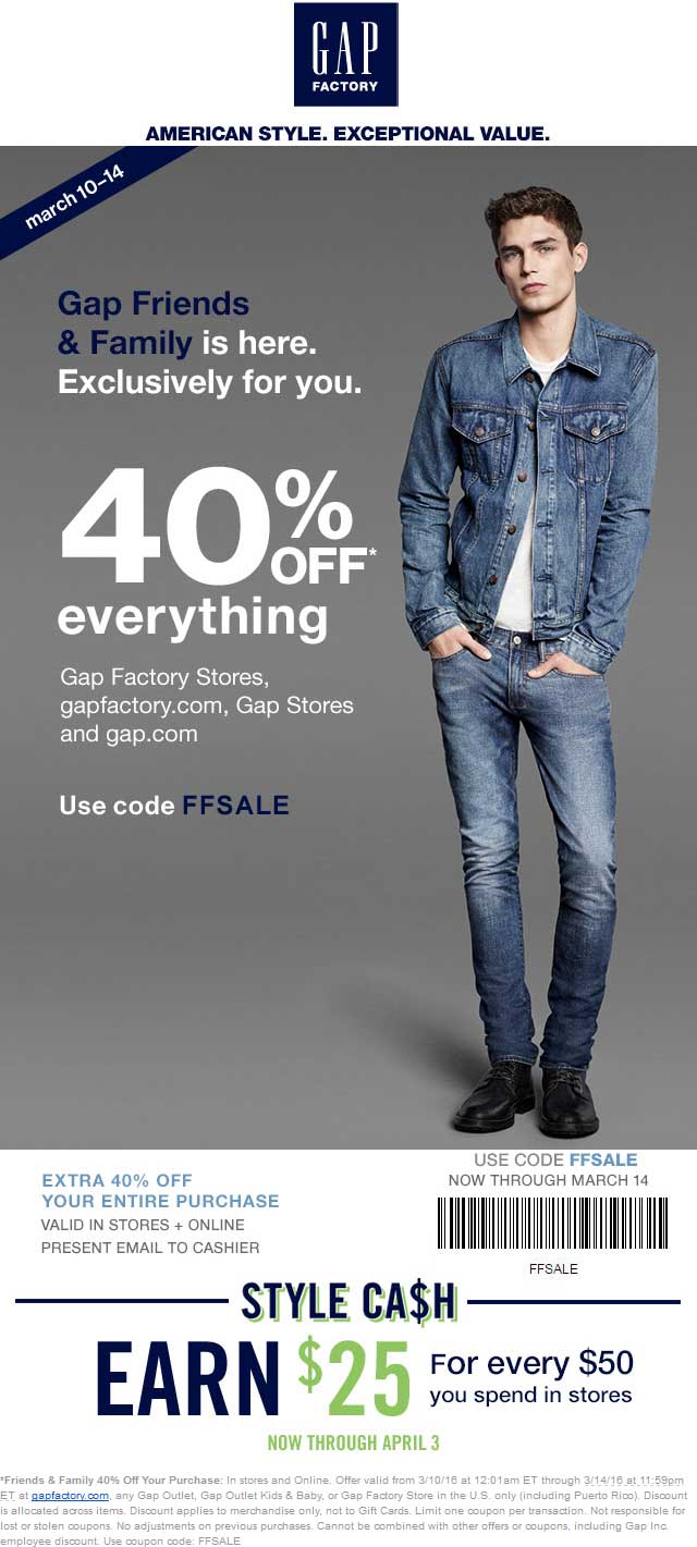 Gap Coupon April 2024 40% off everything at Gap, Gap Outlet, Gap Outlet Kids & Baby, or Gap Factory Store, or online via promo code FFSALE
