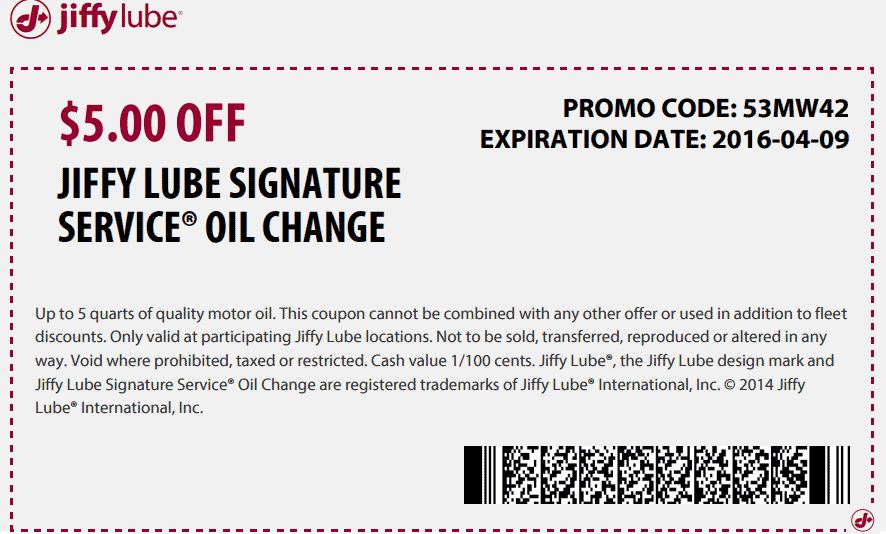 Jiffy Lube Coupon April 2024 $5 off an oil change at Jiffy Lube