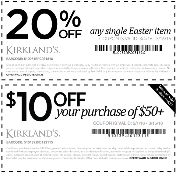 Kirklands Coupon April 2024 20% off a single easter item & $10 off $50 at Kirklands