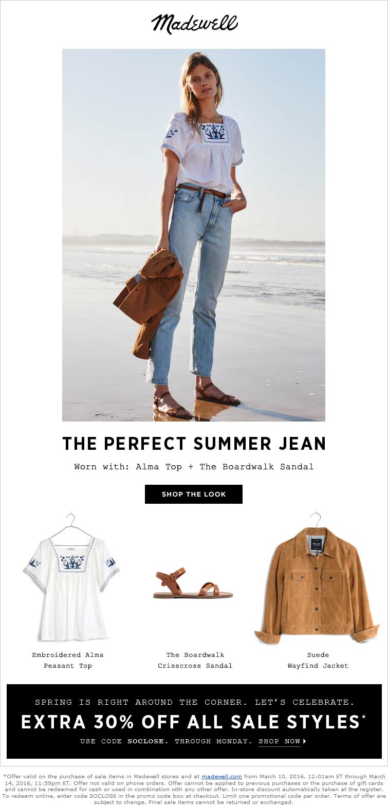 Madewell Coupon March 2024 Extra 30% off sale items at Madewell, or online via promo code SOCLOSE