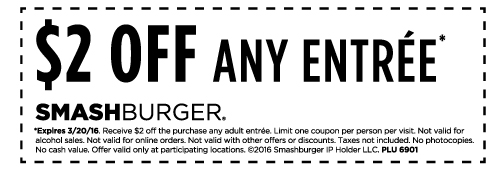 Smashburger Coupon March 2024 $2 off any entree at Smashburger