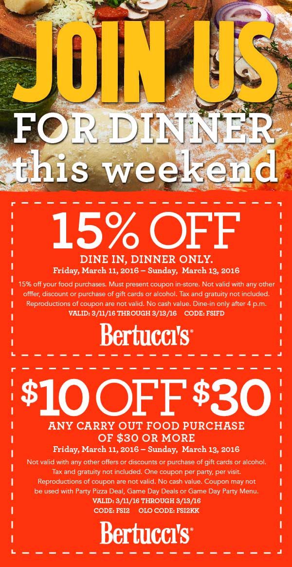 Bertuccis Coupon March 2024 15% off & $10 off $30 today at Bertuccis restaurants