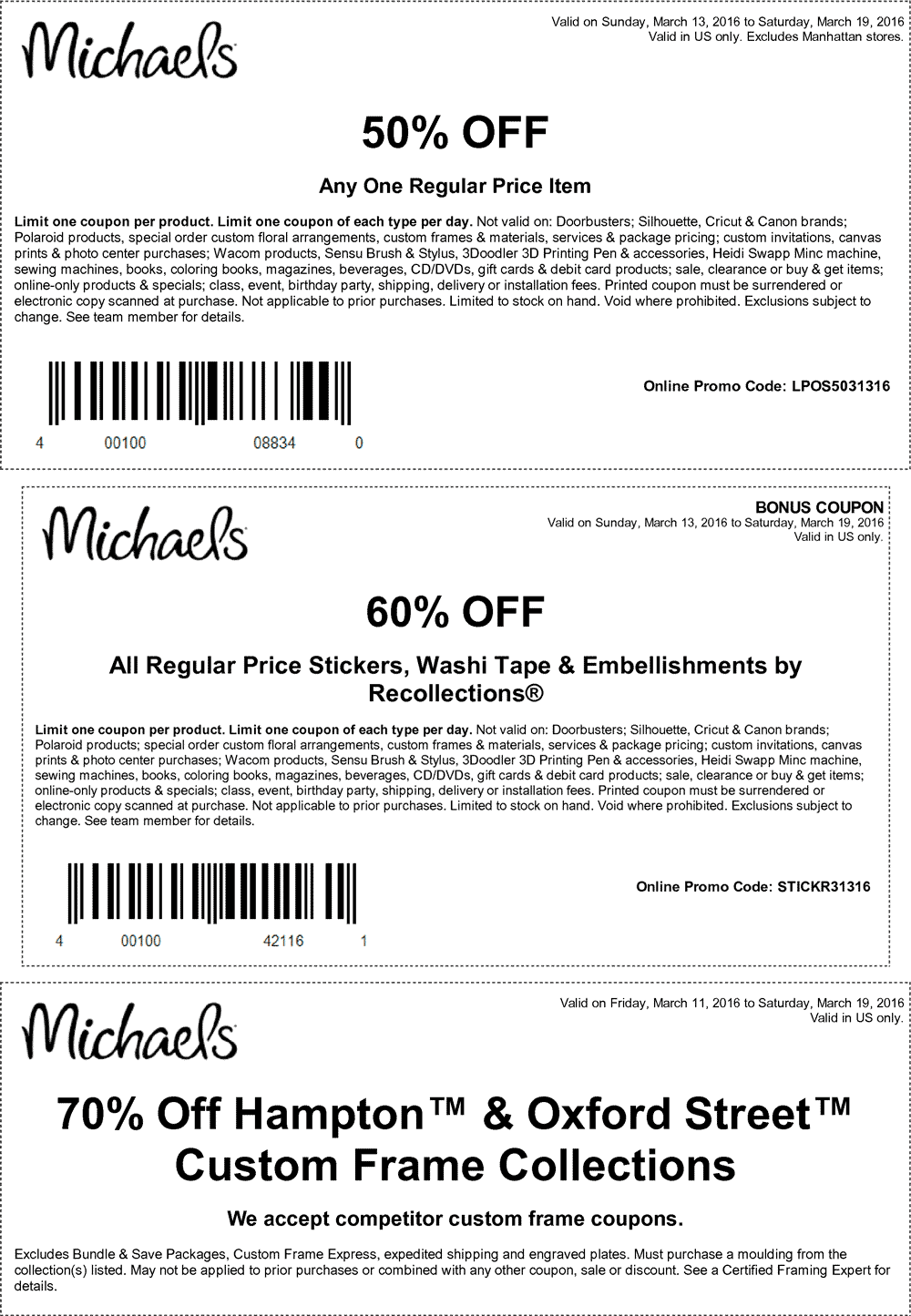 Michaels Coupon March 2024 50% off a single item at Michaels, or online via promo code LPOS5031316