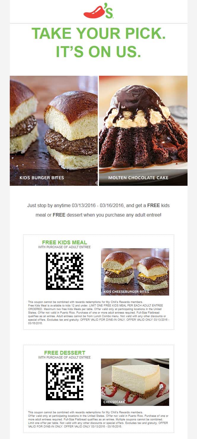 Chilis Coupon April 2024 Free dessert or kids meal with your entree at Chilis