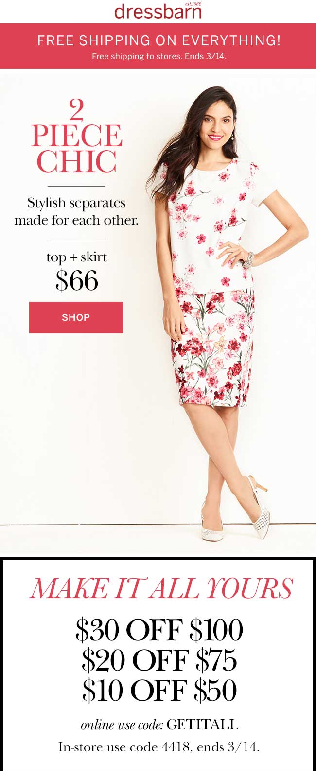 Dressbarn Coupon April 2024 $10 off $50 & more today at Dressbarn, or online via promo code GETITALL