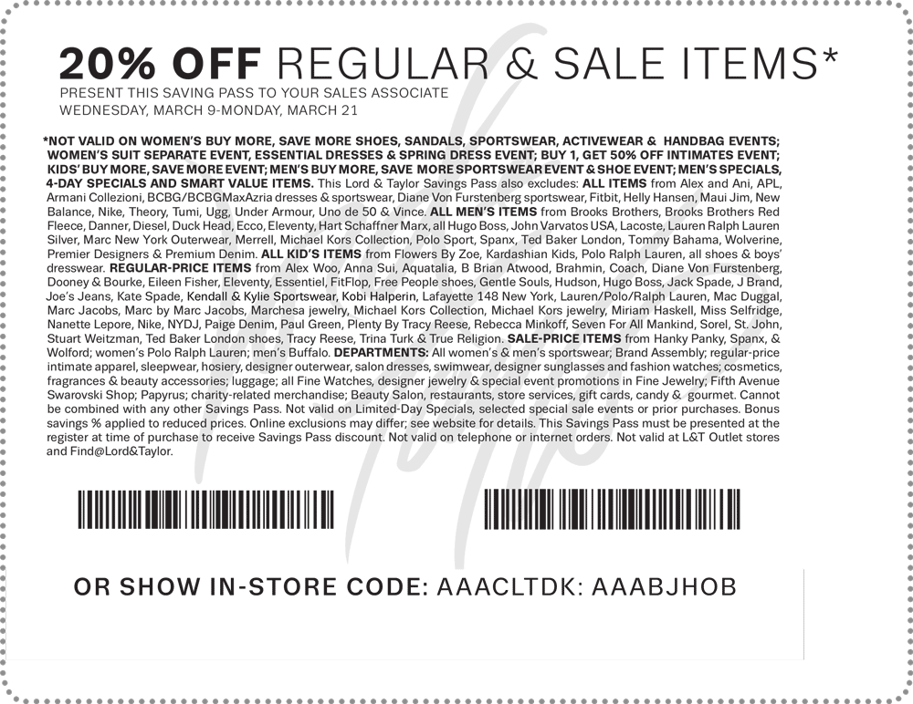 Lord & Taylor Coupon April 2024 20% off at Lord & Taylor, or online via promo code SIGNATURE