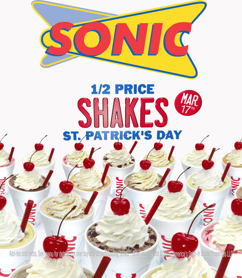 Sonic Drive-In Coupon April 2024 50% off milkshakes Thursday at Sonic Drive-In