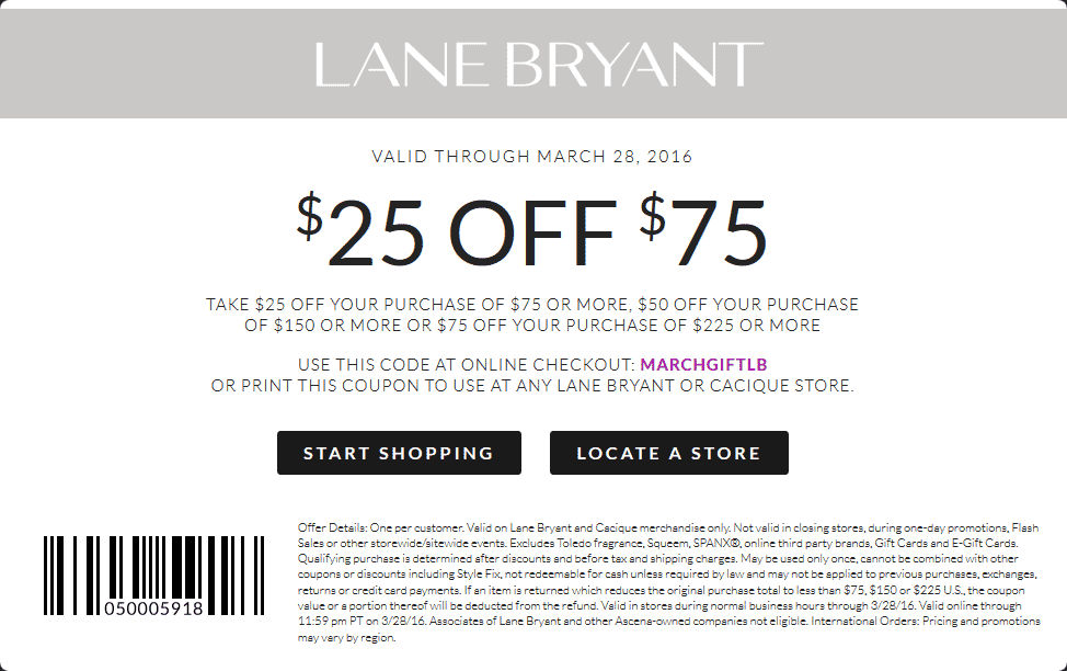 Lane Bryant Coupon April 2024 $25 off $75 at Lane Bryant, or online via promo code MARCHGIFTLB