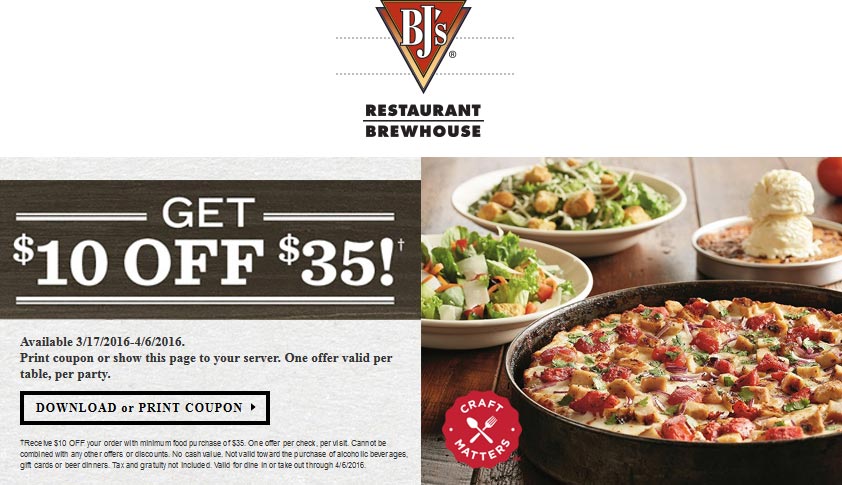 BJs Restaurant Coupon March 2024 $10 off $35 at BJs Restaurant brewhouse