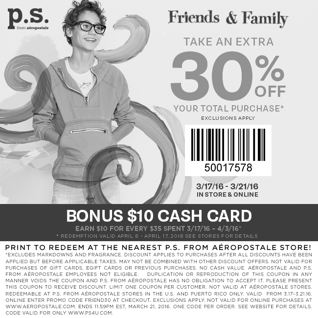 P.S. from Aeropostale Coupon April 2024 Extra 30% off at P.S. from Aeropostale, or online via promo code FRIEND30