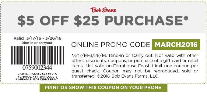 Bob Evans Coupon April 2024 $5 off $25 at Bob Evans restaurants, or online orders via promo code MARCH2016