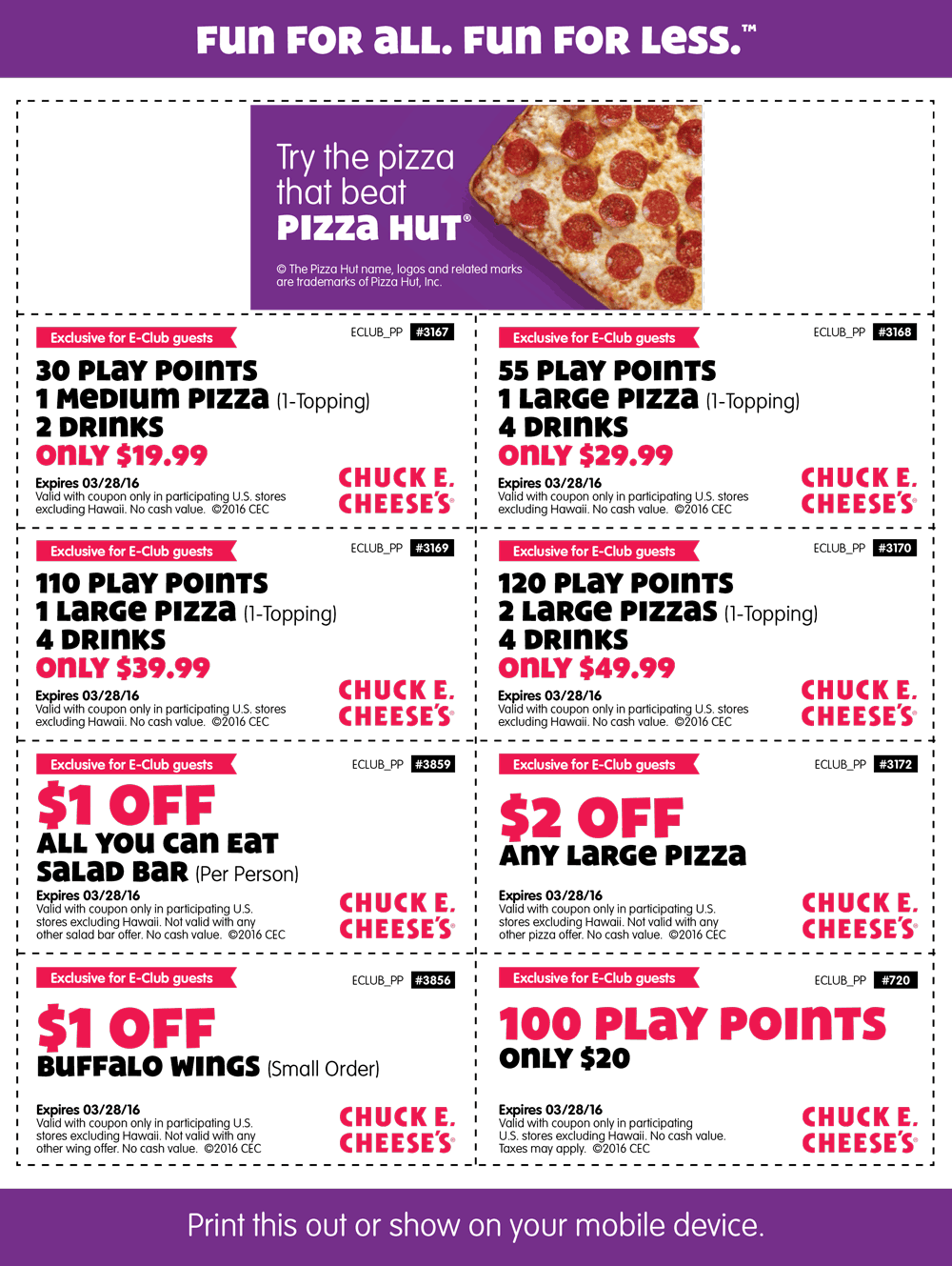 Chuck E. Cheese Coupons - 30 token points + a pizza + 2 drinks = $20 ...
