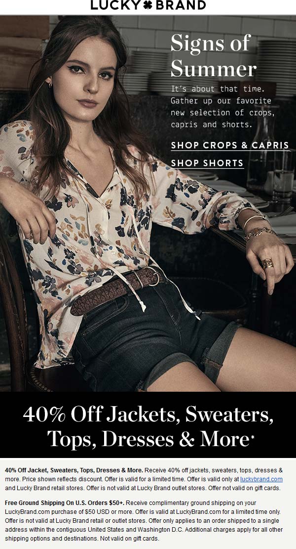 Lucky Brand Coupon April 2024 40% off tops & more at Lucky Brand, ditto online