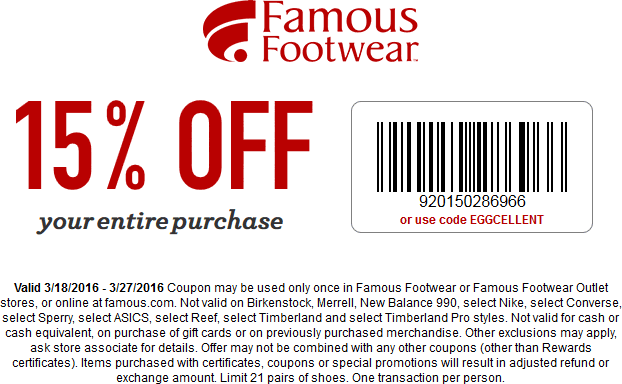 Famous Footwear Coupon April 2024 15% off at Famous Footwear, or online via promo code EGGCELLENT