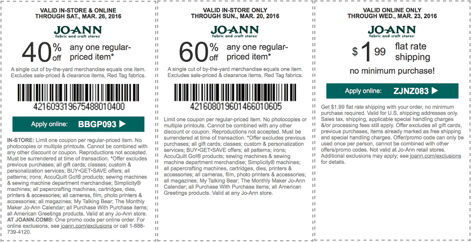 Jo-Ann Fabric Coupon April 2024 40% off a single item & more at Jo-Ann Fabric, or online via promo code BBGP093