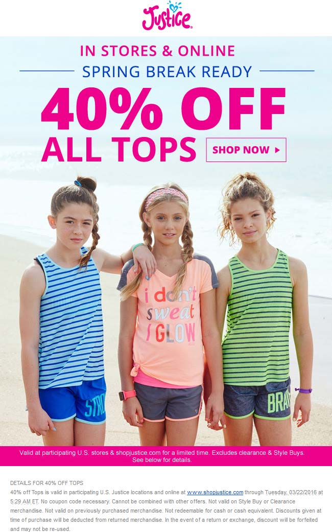 Justice Coupon April 2024 40% off tops at Justice, ditto online