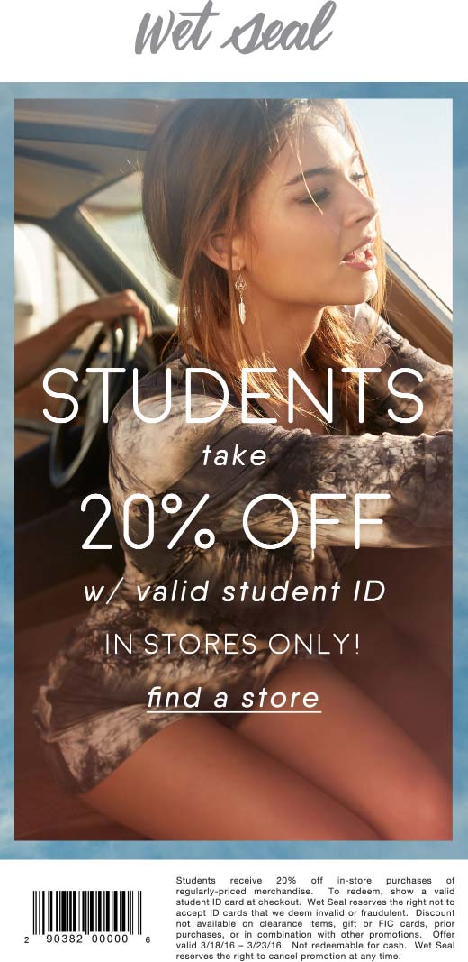 Wet Seal Coupon April 2024 20% off for students at Wet Seal