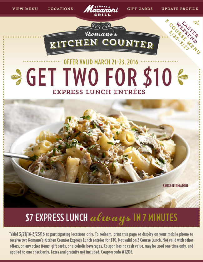 Macaroni Grill Coupon April 2024 Two lunches for $10 in 7minutes or free at Macaroni Grill restaurants