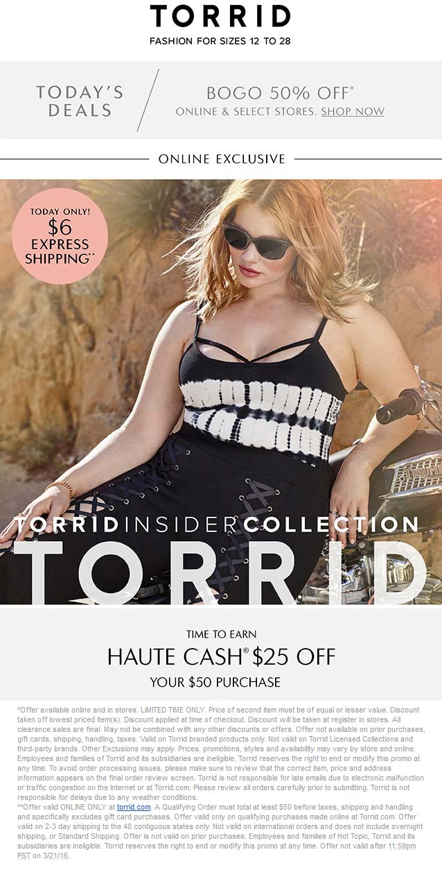 Torrid Coupon March 2024 Second item 50% off at Torrid, ditto online