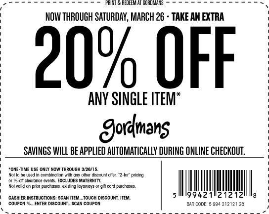 Gordmans Coupon April 2024 20% off a single item at Gordmans, ditto online