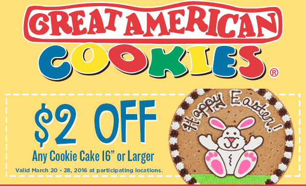 Great American Cookies Coupon April 2024 $2 off a cookie cake at Great American Cookies