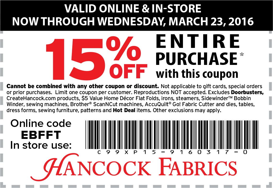 Hancock Fabrics Coupon April 2024 15% off at Hancock Fabrics, or online via promo code EBFFT