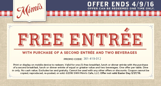 Mimis Cafe Coupon April 2024 Second entree free at Mimis Cafe
