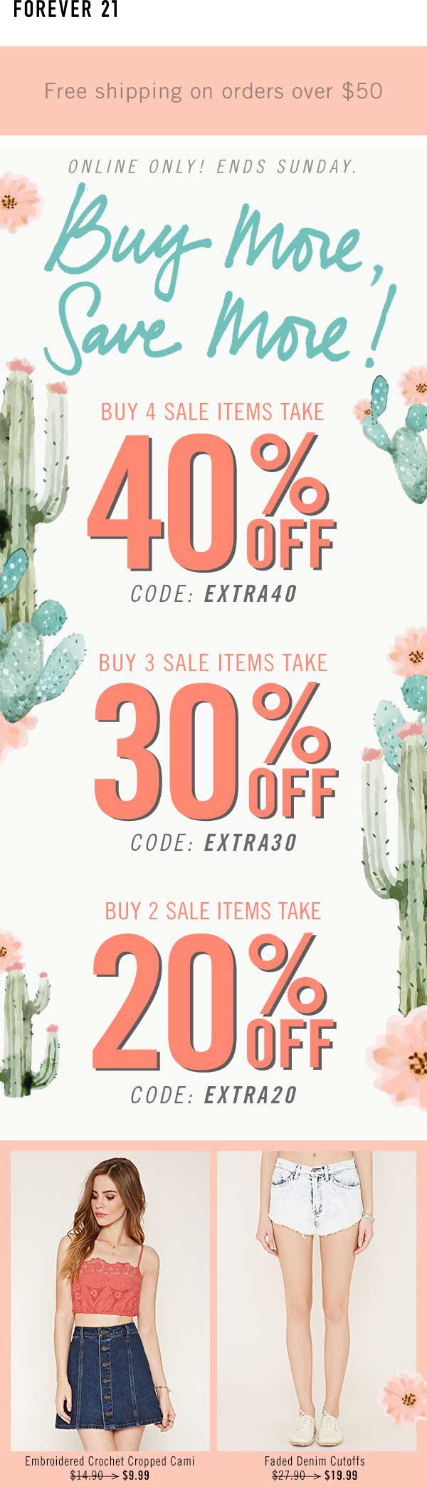 Forever 21 Coupon March 2024 20-40% off sale items online at Forever 21 via promo codes EXTRA20, EXTRA30 & EXTRA40