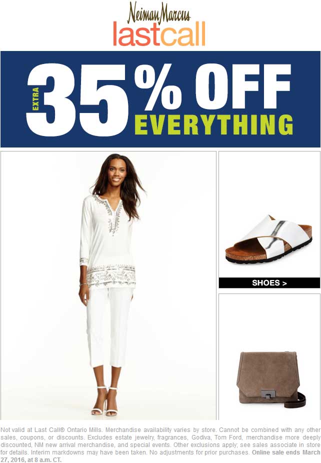 Last Call Coupon April 2024 Extra 35% off everything at Neiman Marcus Last Call, ditto online